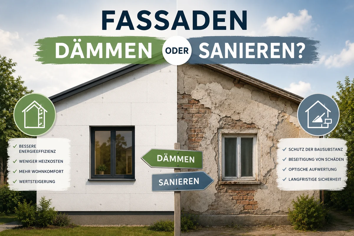 Covergrafik zur Entscheidung zwischen Fassade dämmen oder sanieren