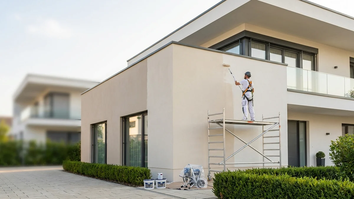 Fassadenanstrich an einem modernen Wohnhaus mit Gerüst