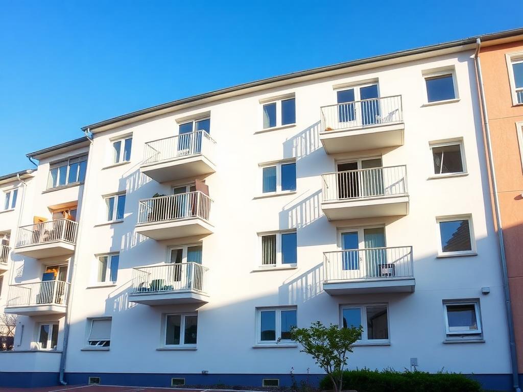 Wohngebäude mit heller modernisierter Fassade im regionalen Umfeld