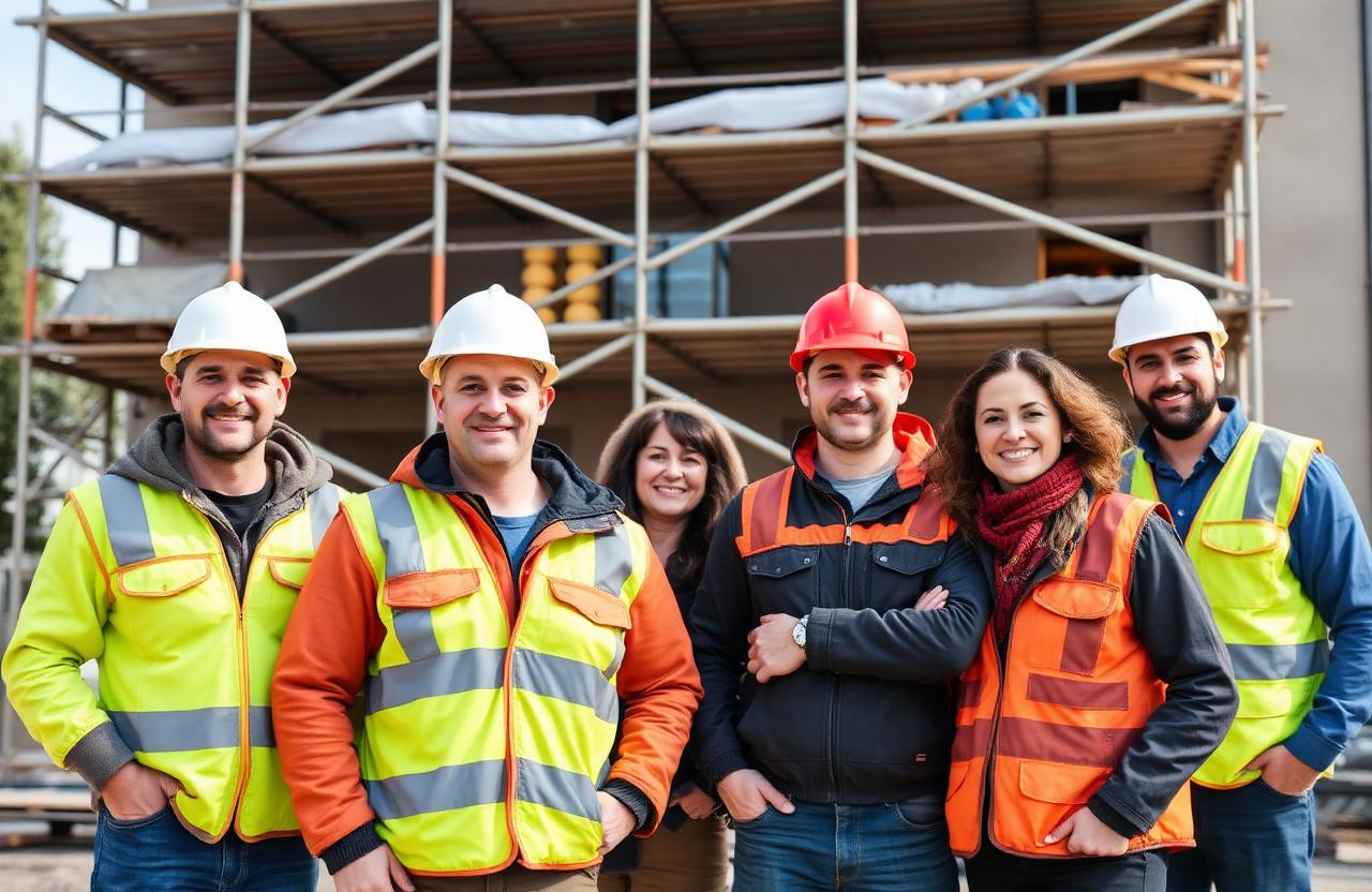Handwerker-Team vor einer Baustelle