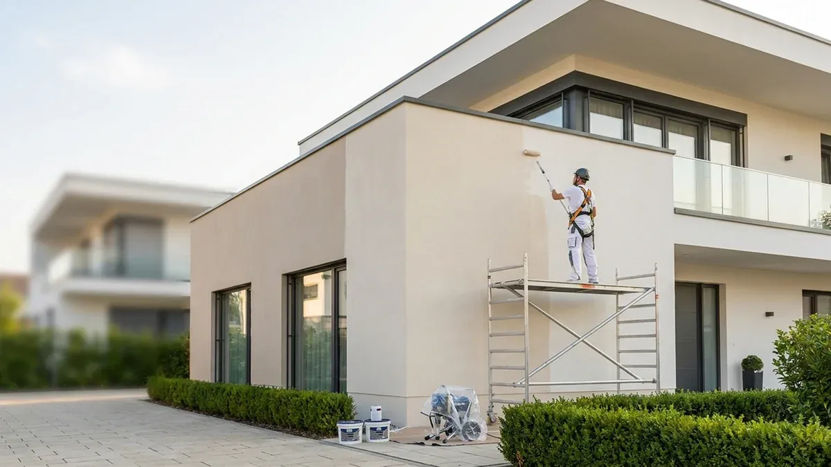 Fassadenanstrich für langlebige Wohnhausfassaden Fassadenanstrich an einem modernen Wohnhaus mit Gerüst