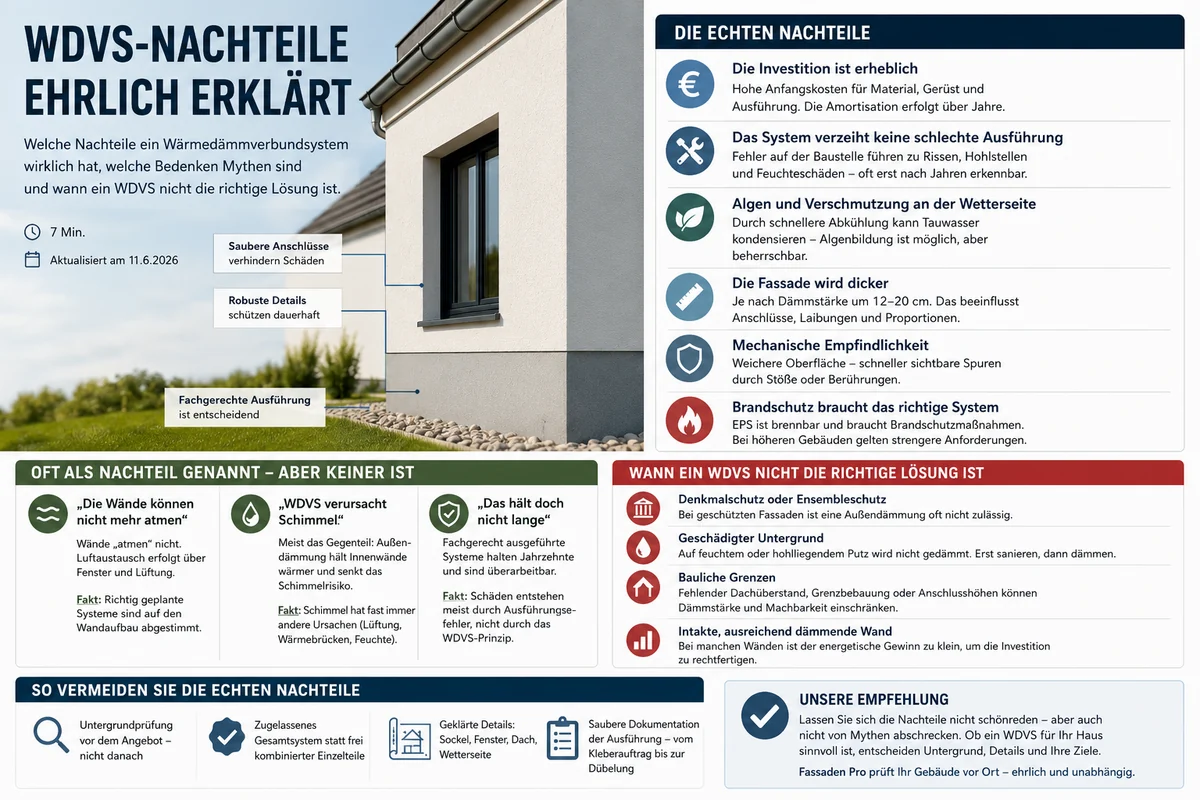 Infografik zu echten WDVS-Nachteilen, Mythen, Ausschlussgründen und Empfehlungen